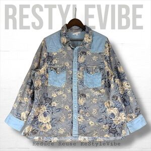 LOVE THE LABEL Women’s Size 1X Top Shirt Floral Denim Snap Front Closure Western